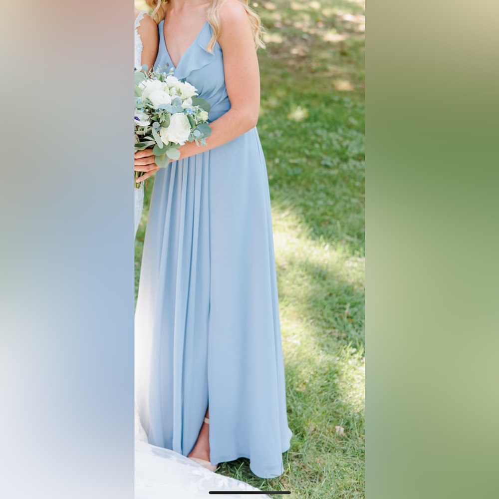 Light blue bridesmaid dress.